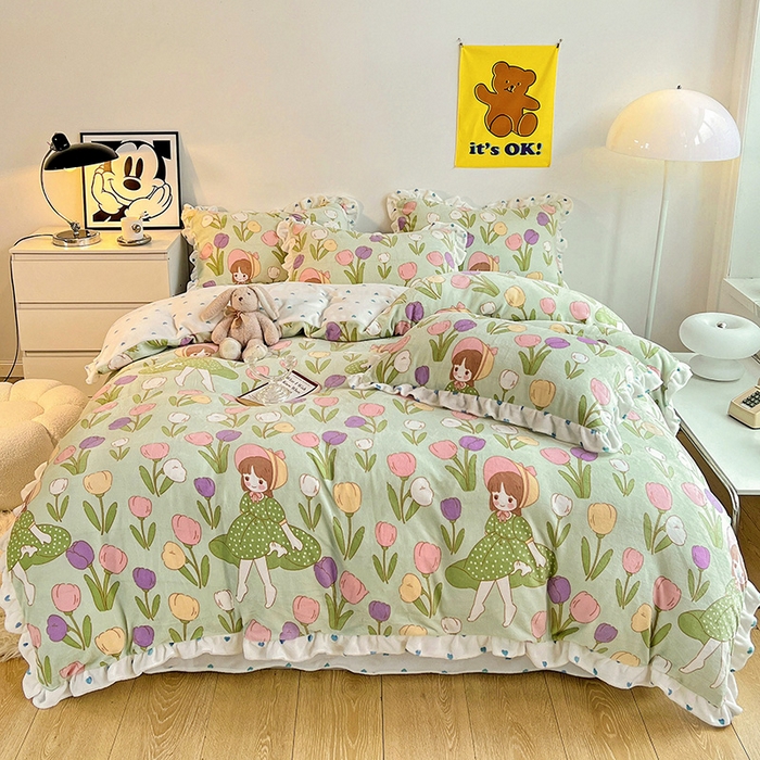 91家纺网 家纺一手货源 找家纺 梵克保罗 2025秋冬新品韩版印花牛奶绒花边款四件套 绿野仙踪