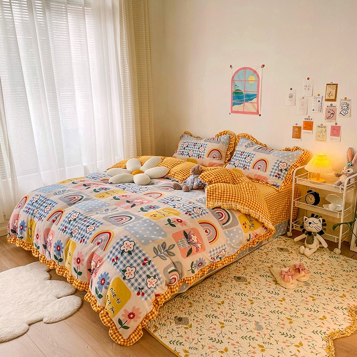 91家纺网 家纺一手货源 找家纺 梵克保罗 2025秋冬新品韩版印花牛奶绒花边款四件套 彩虹乐园