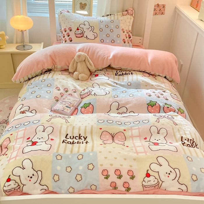 91家纺网 家纺一手货源 找家纺 寻米 2025新款高克重加厚保暖牛奶绒学生宿舍单床笠单件床笠系列二 幸运兔