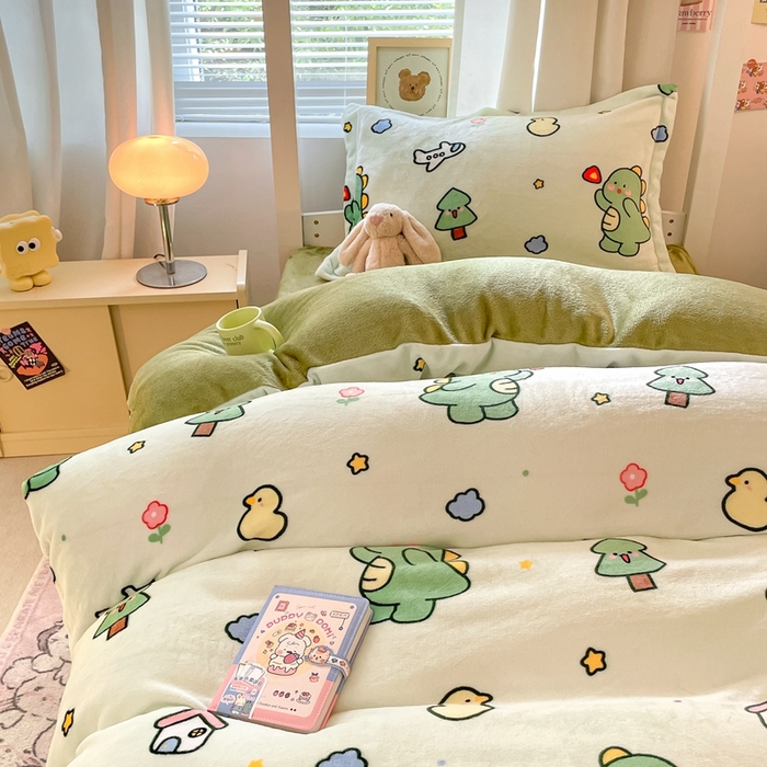 91家纺网 家纺一手货源 找家纺 寻米 2025新款高克重加厚保暖牛奶绒学生宿舍单床笠单件床笠系列二 恐龙森林