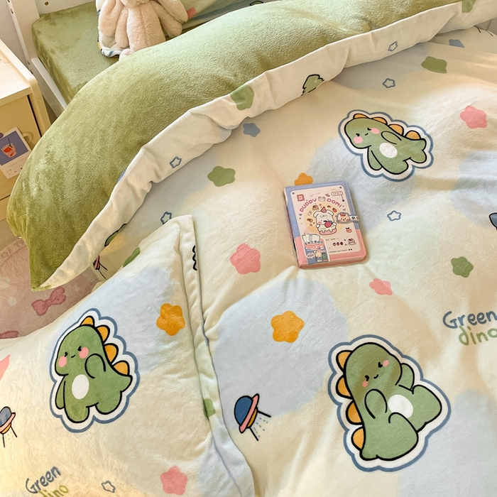 91家纺网 家纺一手货源 找家纺 寻米 2025新款高克重加厚保暖牛奶绒学生宿舍单床笠单件床笠系列二 恐龙星球