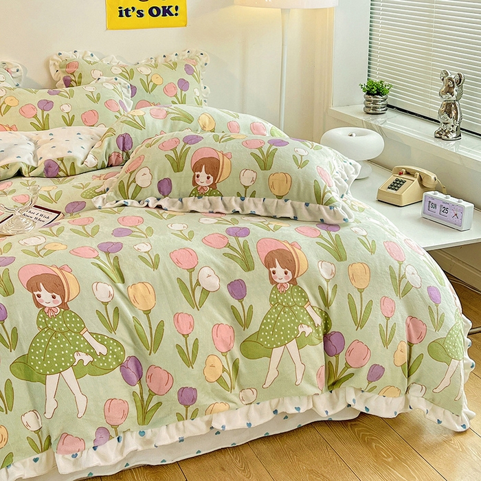 91家纺网 家纺一手货源 找家纺 梵克保罗 2025秋冬新品韩版印花牛奶绒花边款四件套 绿野仙踪