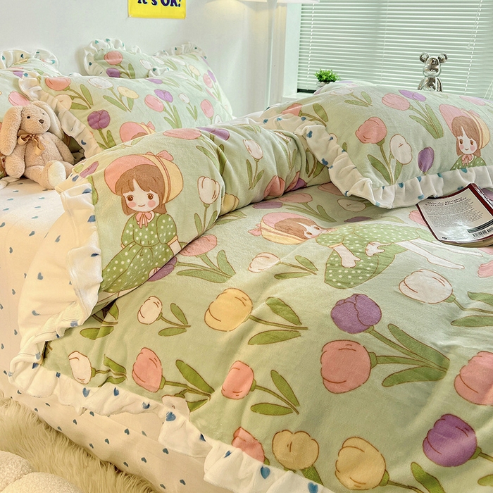 91家纺网 家纺一手货源 找家纺 梵克保罗 2025秋冬新品韩版印花牛奶绒花边款四件套 绿野仙踪