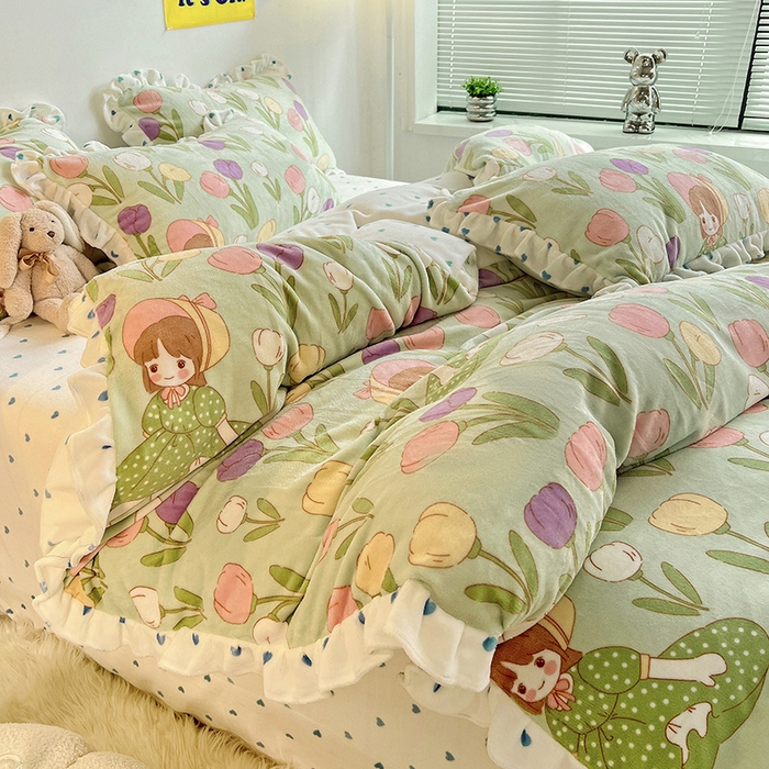 91家纺网 家纺一手货源 找家纺 梵克保罗 2025秋冬新品韩版印花牛奶绒花边款四件套 绿野仙踪