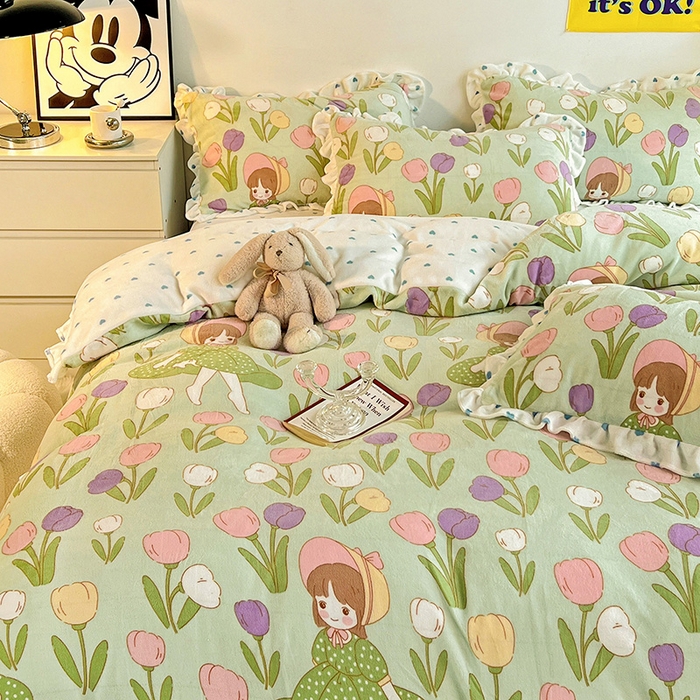 91家纺网 家纺一手货源 找家纺 梵克保罗 2025秋冬新品韩版印花牛奶绒花边款四件套 绿野仙踪