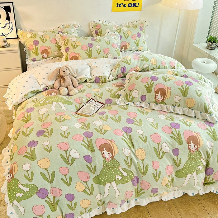 91家纺网 家纺一手货源 找家纺 梵克保罗 2025秋冬新品韩版印花牛奶绒花边款四件套 绿野仙踪