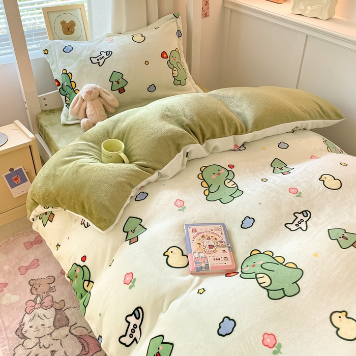 91家纺网 家纺一手货源 找家纺 寻米 2025新款高克重加厚保暖牛奶绒学生宿舍单床笠单件床笠系列二 恐龙森林