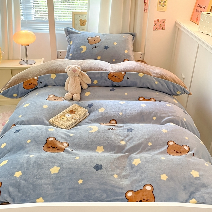 91家纺网 家纺一手货源 找家纺 寻米 2025新款高克重加厚保暖牛奶绒学生宿舍单床笠单件床笠系列二 晚安小熊-咖