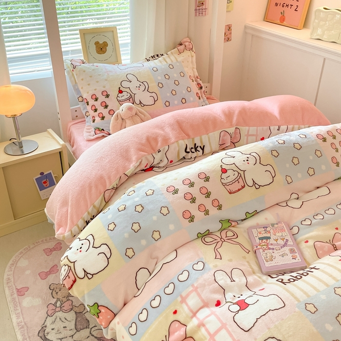 91家纺网 家纺一手货源 找家纺 寻米 2025新款高克重加厚保暖牛奶绒学生宿舍单床笠单件床笠系列二 幸运兔