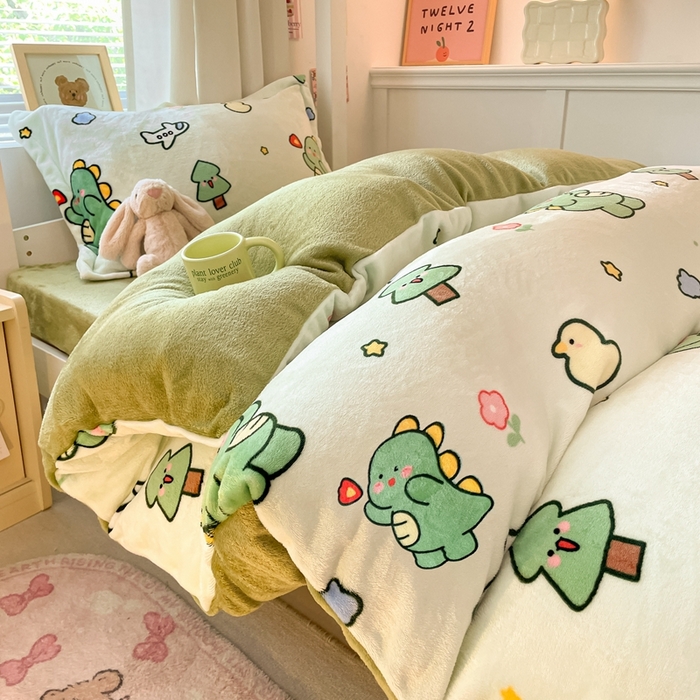 91家纺网 家纺一手货源 找家纺 寻米 2025新款高克重加厚保暖牛奶绒学生宿舍单床笠单件床笠系列二 恐龙森林
