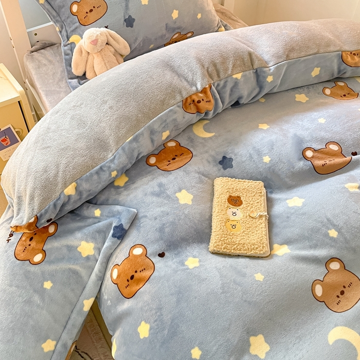 91家纺网 家纺一手货源 找家纺 寻米 2025新款高克重加厚保暖牛奶绒学生宿舍单床笠单件床笠系列二 晚安小熊-灰