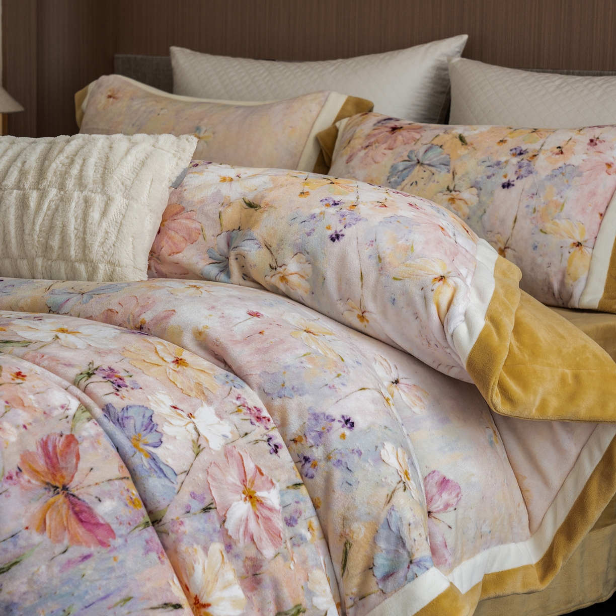 91家纺网 家纺一手货源 找家纺 蓝梦 2025新款全消光数码印花牛奶绒系列四件套 蝶语黄