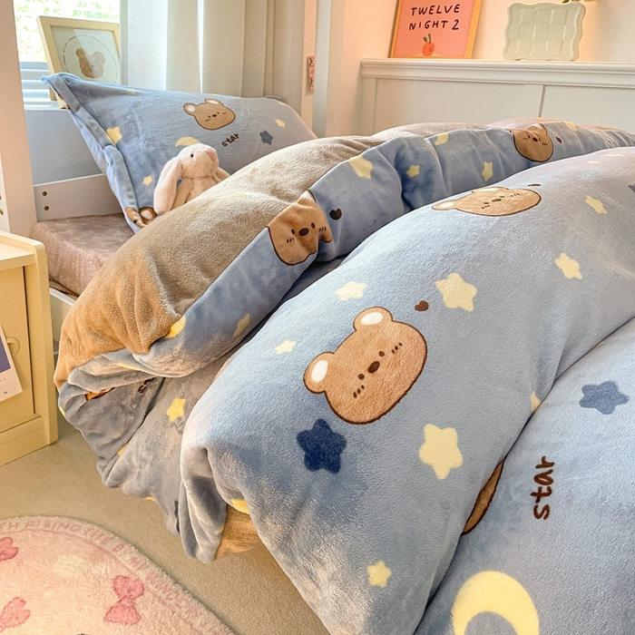 91家纺网 家纺一手货源 找家纺 寻米 2025新款高克重加厚保暖牛奶绒学生宿舍单床笠单件床笠系列二 晚安小熊-咖