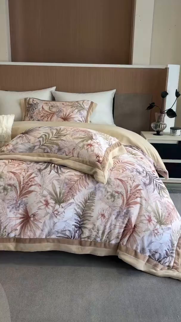 91家纺网 家纺一手货源 找家纺 蓝梦 2025新款全消光数码印花牛奶绒系列四件套 叶语黄