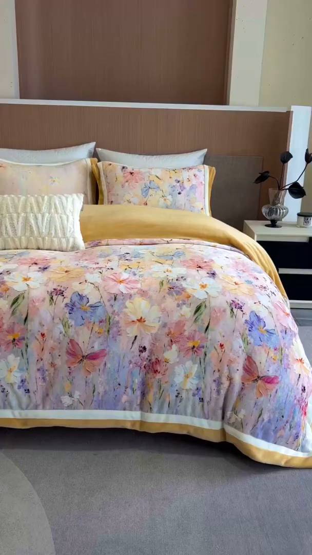 91家纺网 家纺一手货源 找家纺 蓝梦 2025新款全消光数码印花牛奶绒系列四件套 蝶语黄