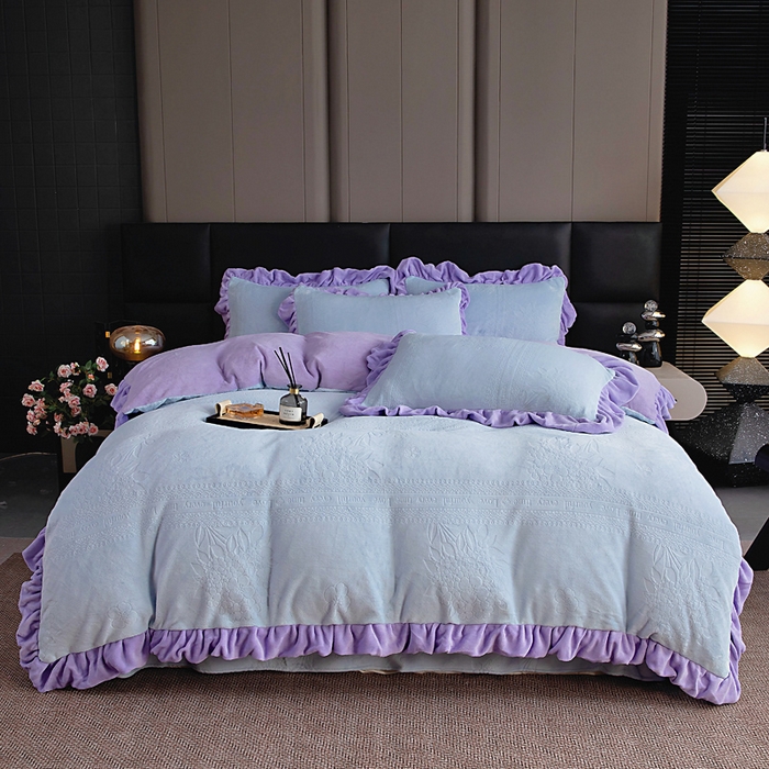 91家纺网 家纺一手货源 找家纺 找底底家纺 2025新款加厚韩版全消光烂花牛奶绒四件套（加厚8斤重   日销20单客户优惠8元） 黛蔻-兰紫