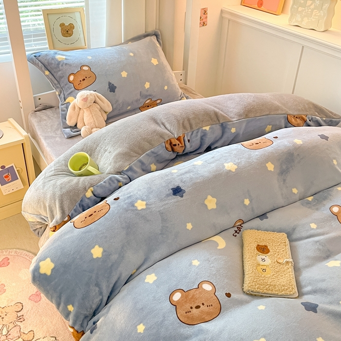91家纺网 家纺一手货源 找家纺 寻米 2025新款高克重加厚保暖牛奶绒学生宿舍单床笠单件床笠系列二 晚安小熊-灰