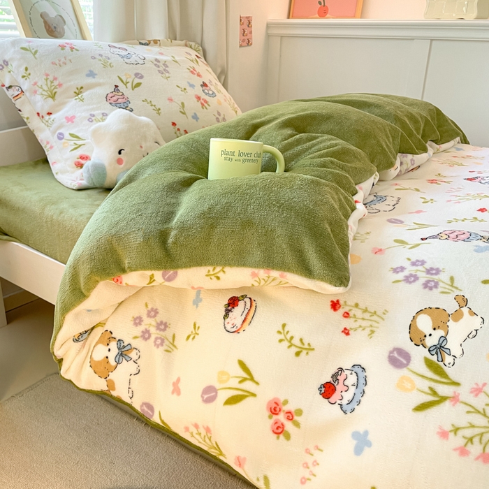 91家纺网 家纺一手货源 找家纺 寻米 2025新款高克重加厚保暖牛奶绒学生宿舍单床笠单件床笠系列二 小狗茶园-绿