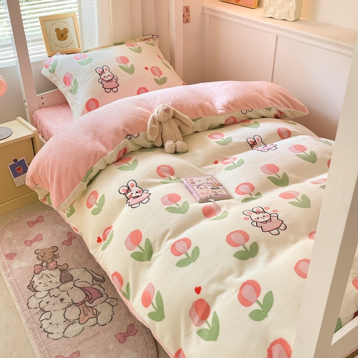 91家纺网 家纺一手货源 找家纺 寻米 2025新款高克重加厚保暖牛奶绒学生宿舍单床笠单件床笠系列二 郁香小兔