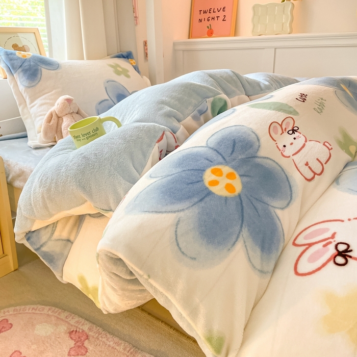 91家纺网 家纺一手货源 找家纺 寻米 2025新款高克重加厚保暖牛奶绒学生宿舍单床笠单件床笠系列二 绵意小兔