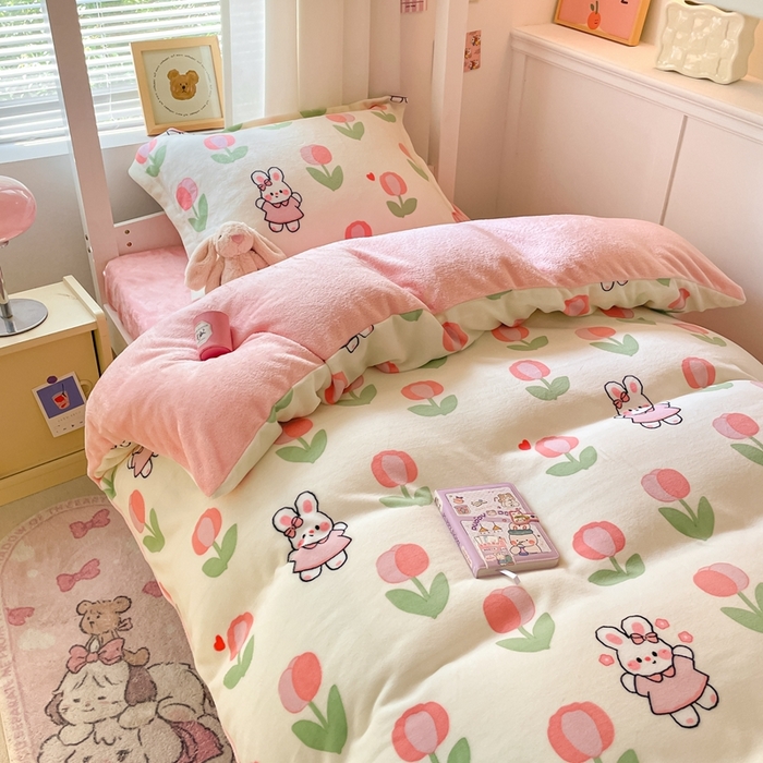 91家纺网 家纺一手货源 找家纺 寻米 2025新款高克重加厚保暖牛奶绒学生宿舍单床笠单件床笠系列二 郁香小兔