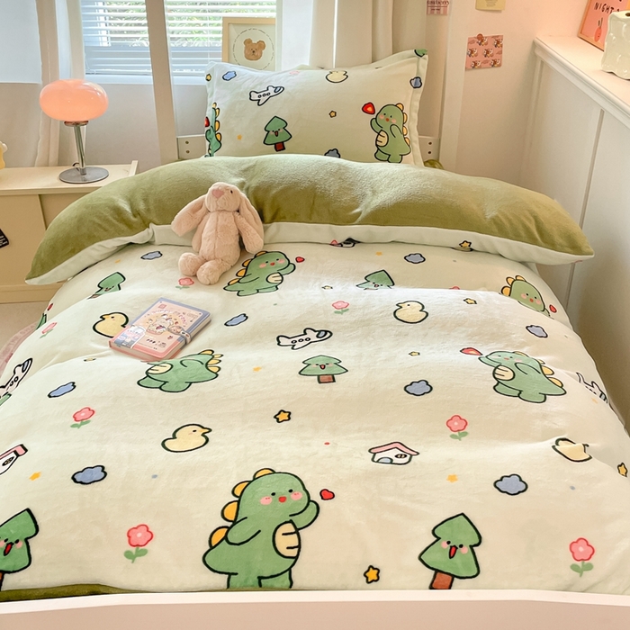 91家纺网 家纺一手货源 找家纺 寻米 2025新款高克重加厚保暖牛奶绒学生宿舍单床笠单件床笠系列二 恐龙森林