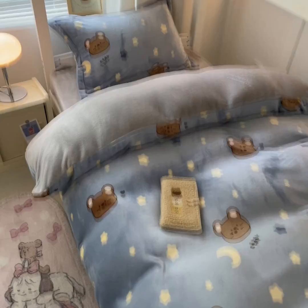 91家纺网 家纺一手货源 找家纺 寻米 2025新款高克重加厚保暖牛奶绒学生宿舍单床笠单件床笠系列二 晚安小熊-咖