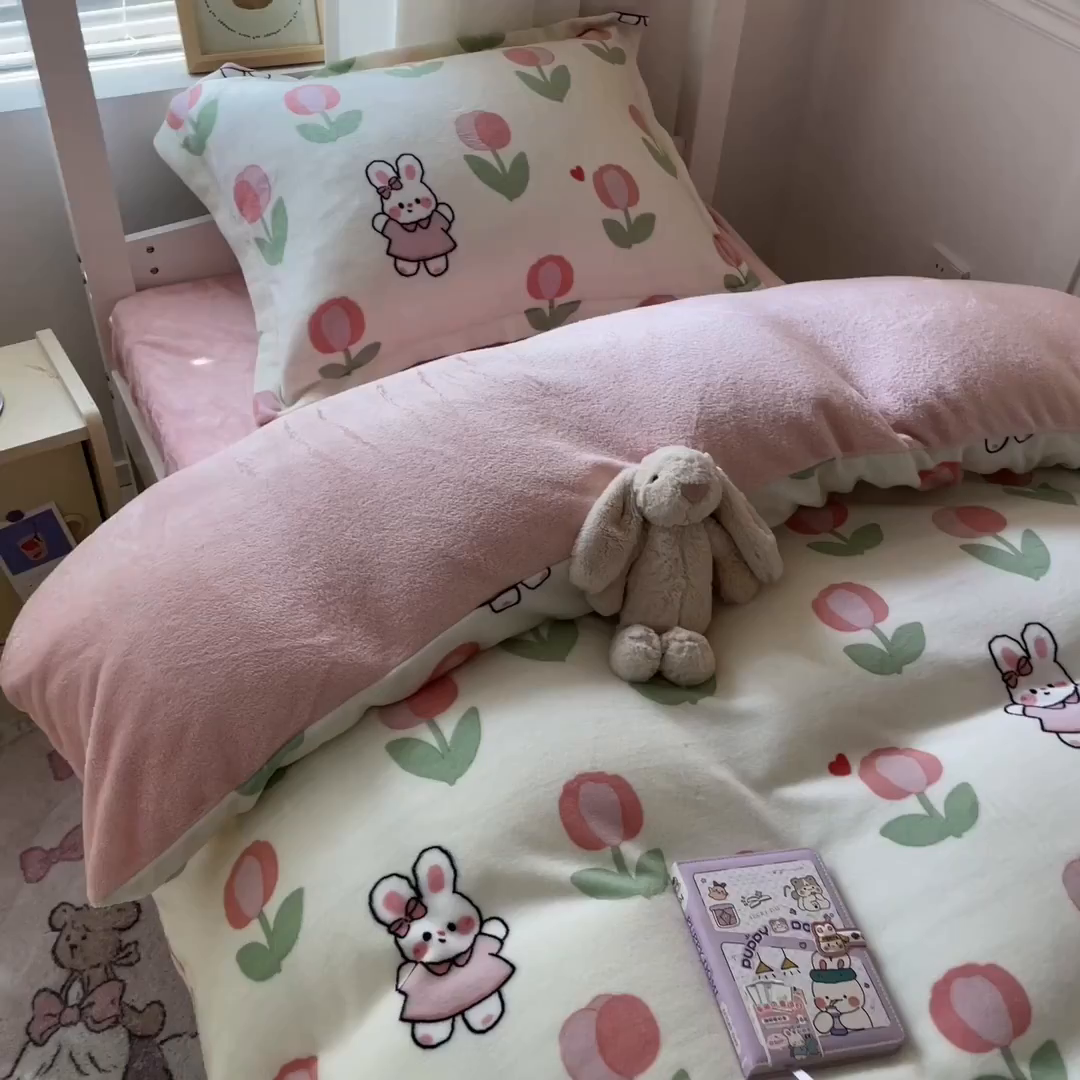 91家纺网 家纺一手货源 找家纺 寻米 2025新款高克重加厚保暖牛奶绒学生宿舍单床笠单件床笠系列二 郁香小兔