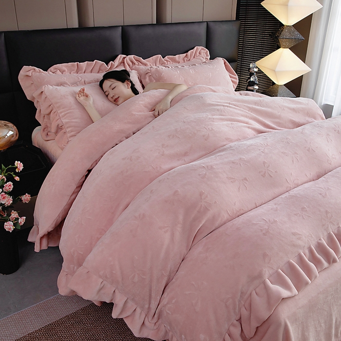 找底底家纺 2025新款加厚韩版全消光烂花牛奶绒四件套（加厚8斤重   日销20单客户优惠8元） 蝴蝶结-豆沙