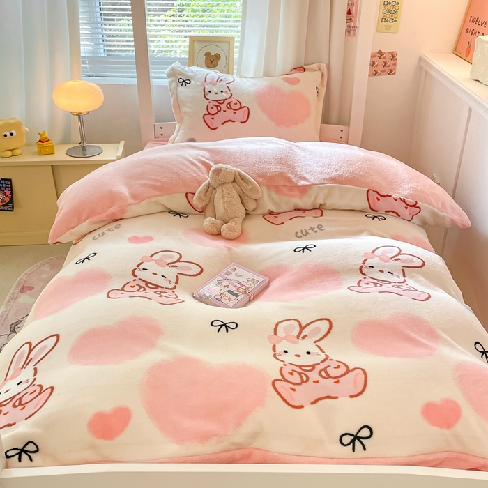 91家纺网 家纺一手货源 找家纺 寻米 2025新款高克重加厚保暖牛奶绒学生宿舍单床笠单件床笠系列二 好眠兔兔