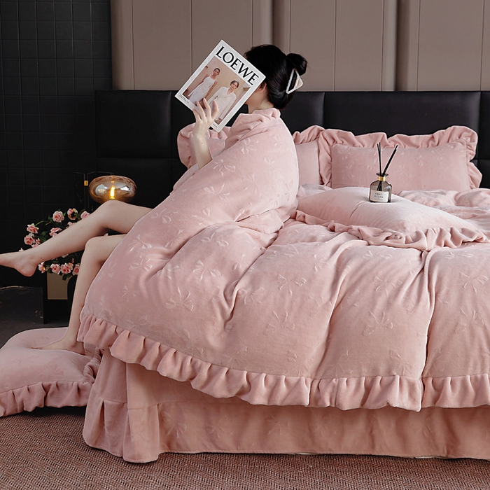 91家纺网 家纺一手货源 找家纺 找底底家纺 2025新款加厚韩版全消光烂花牛奶绒四件套（加厚8斤重   日销20单客户优惠8元） 蝴蝶结-豆沙