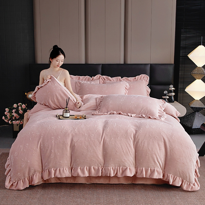 91家纺网 家纺一手货源 找家纺 找底底家纺 2025新款加厚韩版全消光烂花牛奶绒四件套（加厚8斤重   日销20单客户优惠8元） 蝴蝶结-豆沙