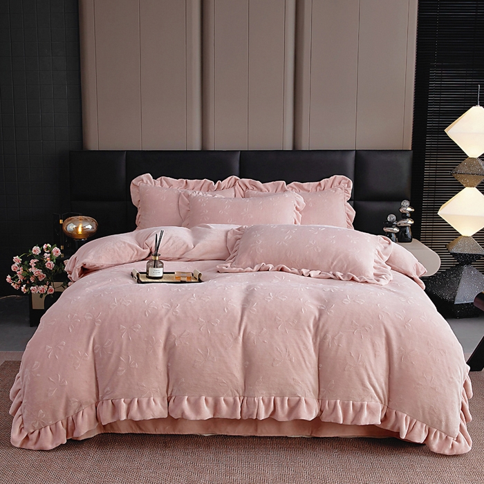 91家纺网 家纺一手货源 找家纺 找底底家纺 2025新款加厚韩版全消光烂花牛奶绒四件套（加厚8斤重   日销20单客户优惠8元） 蝴蝶结-豆沙