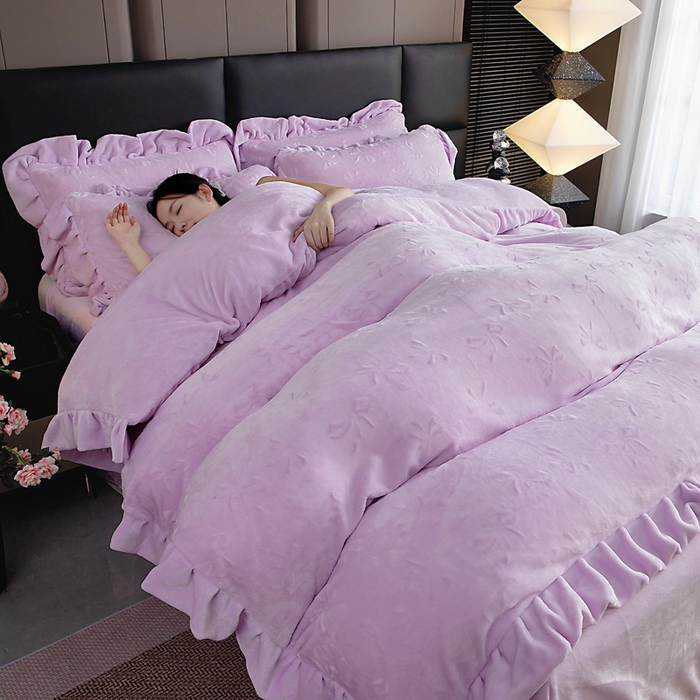 找底底家纺 2025新款加厚韩版全消光烂花牛奶绒四件套（加厚8斤重   日销20单客户优惠8元） 蝴蝶结-暖紫