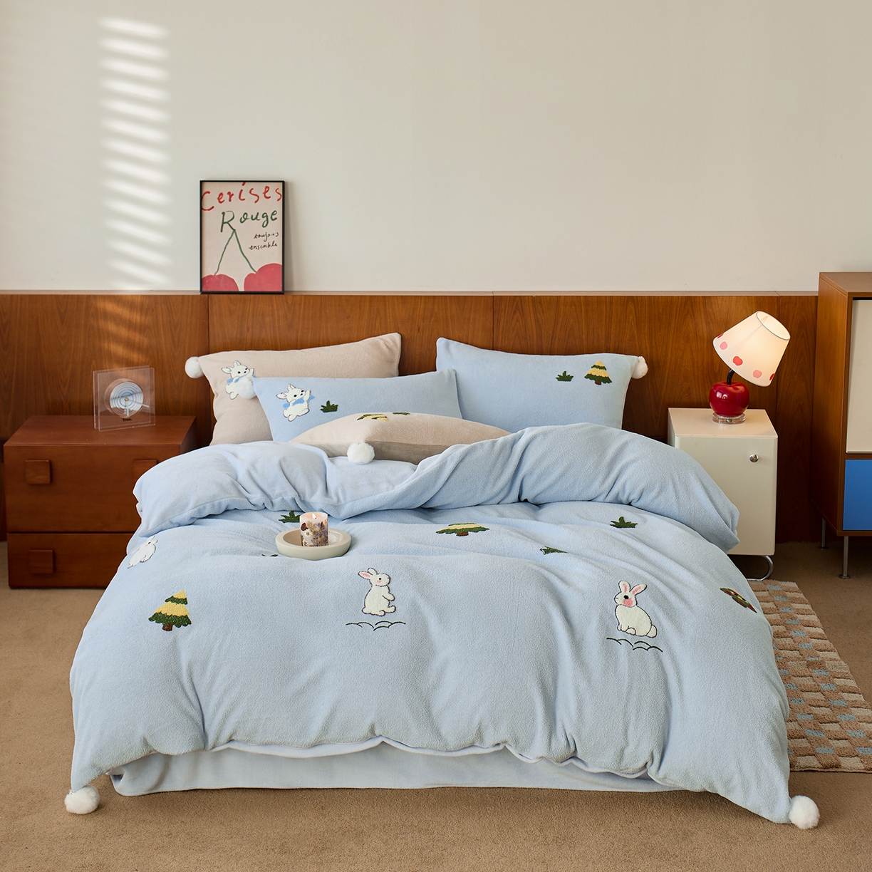 91家纺网 家纺一手货源 找家纺 （总）蓝梦 2025新款全消光毛巾绣艾尼绒四件套-艾尼兔系列