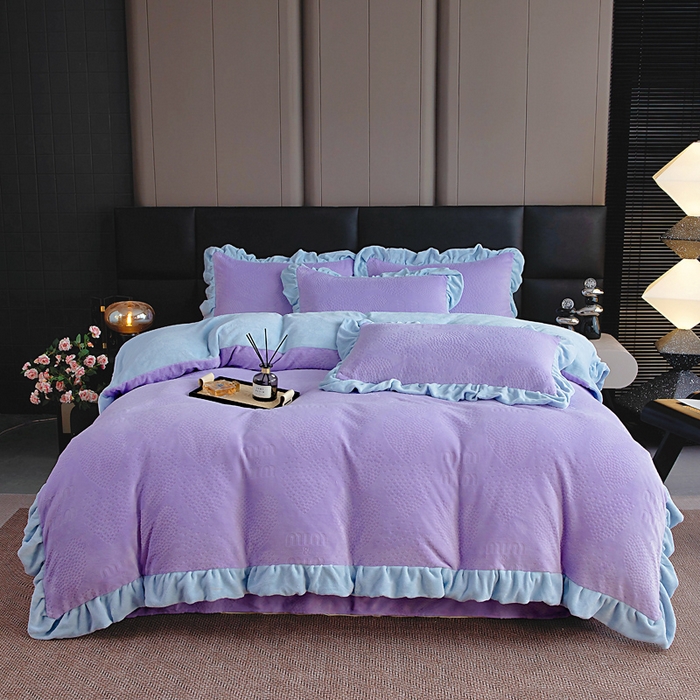91家纺网 家纺一手货源 找家纺 找底底家纺 2025新款加厚韩版全消光烂花牛奶绒四件套（加厚8斤重   日销20单客户优惠8元） 梦屿-兰紫