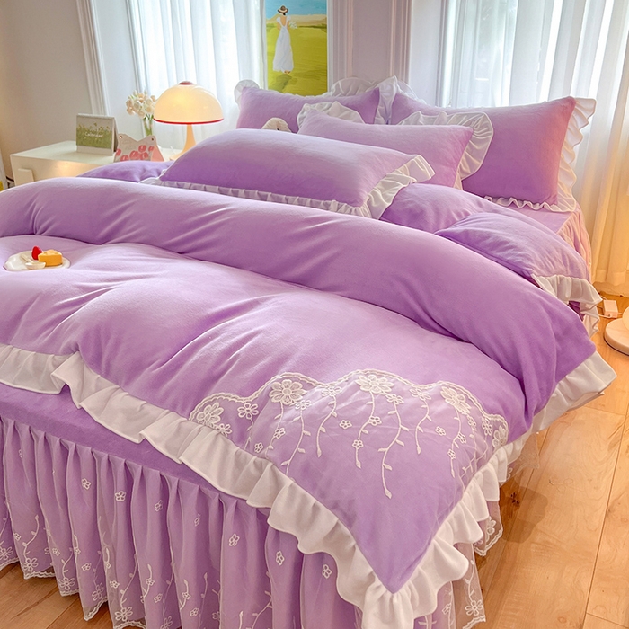 91家纺网 家纺一手货源 找家纺 后庭寝室 2025新款牛奶绒床裙四件套倾城 倾城-梦幻紫