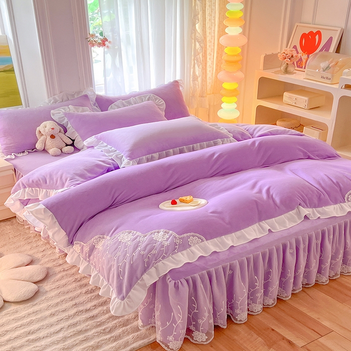 91家纺网 家纺一手货源 找家纺 后庭寝室 2025新款牛奶绒床裙四件套倾城 倾城-梦幻紫