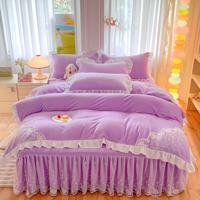 91家纺网 家纺一手货源 找家纺 后庭寝室 2025新款牛奶绒床裙四件套倾城 倾城-梦幻紫