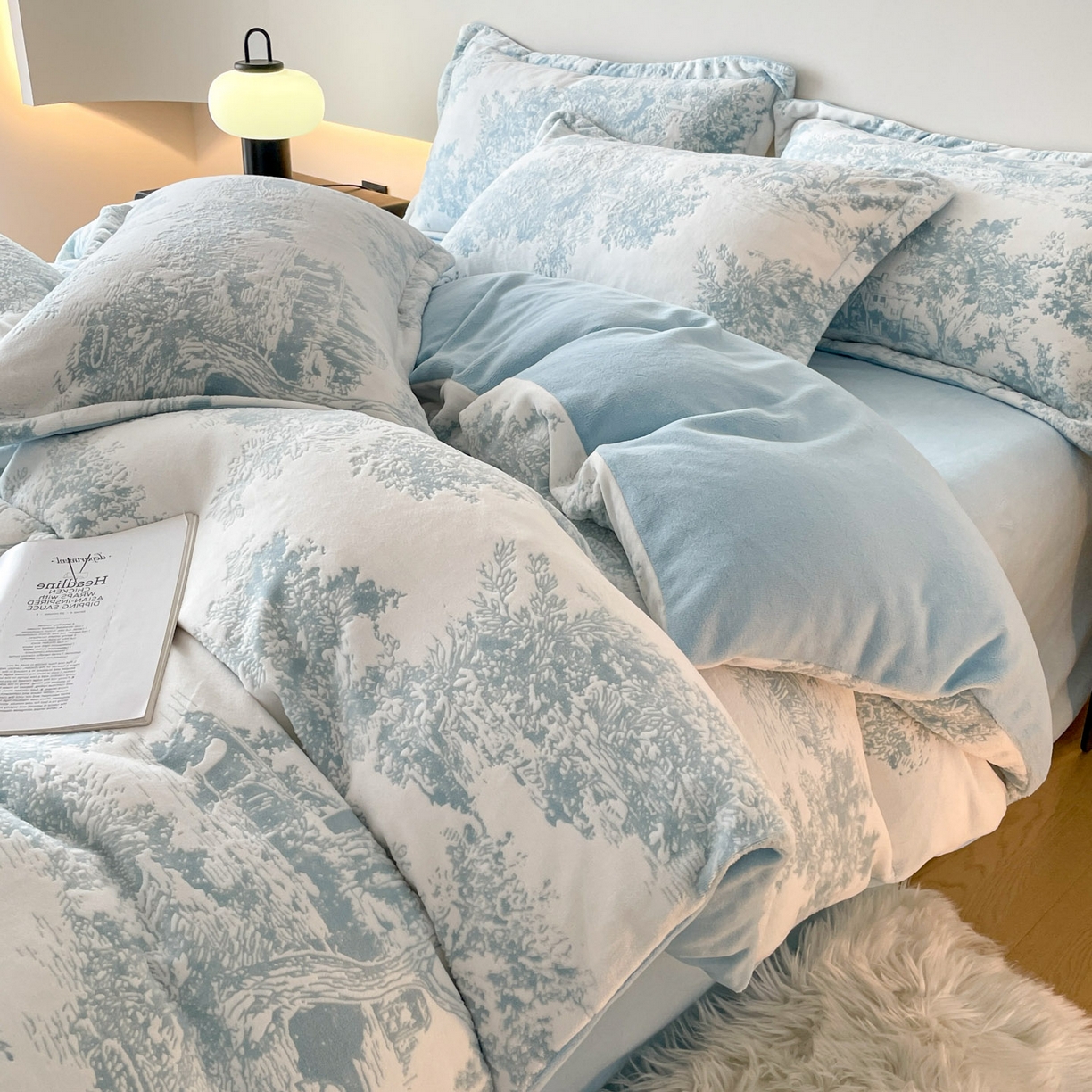 91家纺网 家纺一手货源 找家纺 梵克保罗 2025新款保暖舒适雕花绒四件套 云木-蓝