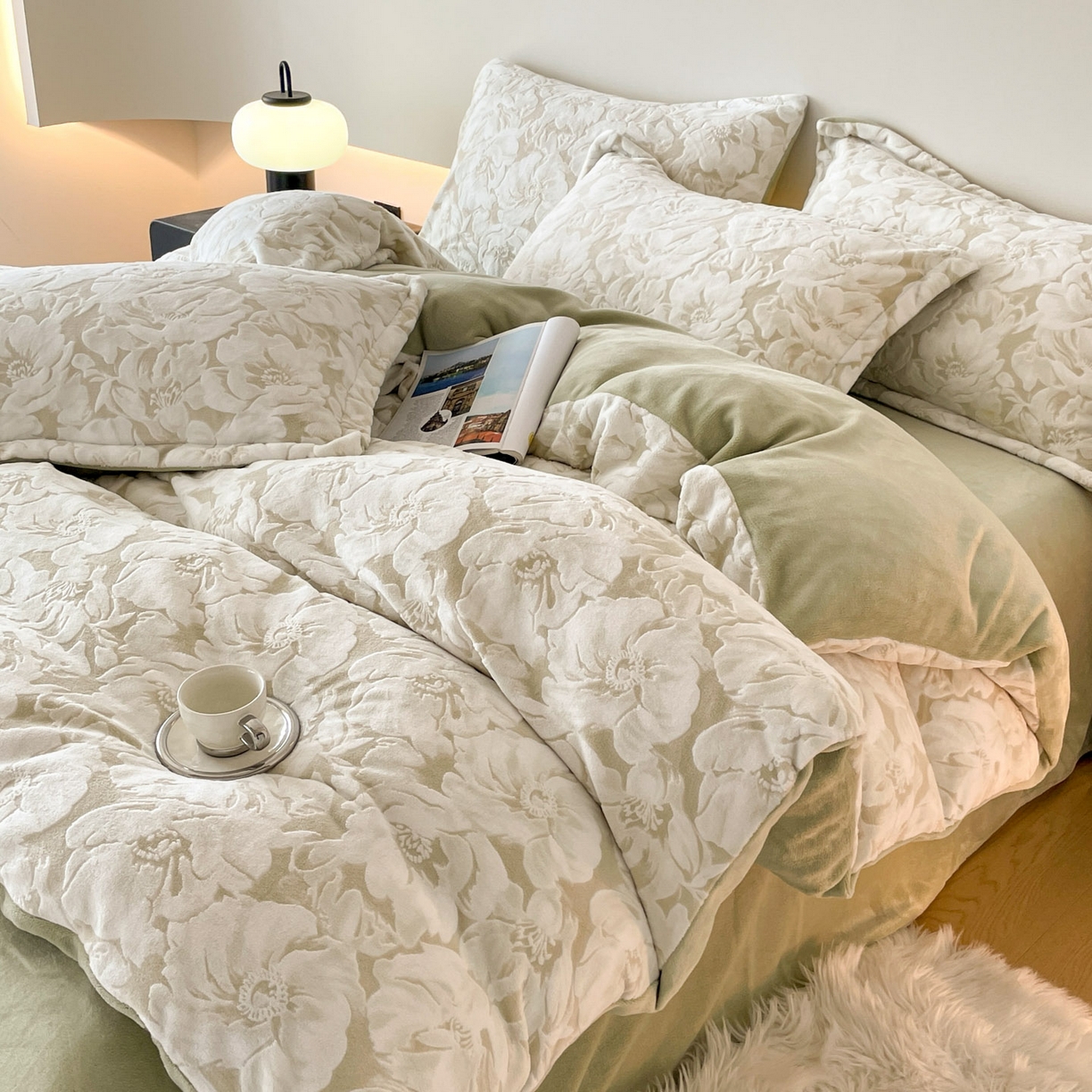 91家纺网 家纺一手货源 找家纺 梵克保罗 2025新款保暖舒适雕花绒四件套 繁花-浅绿