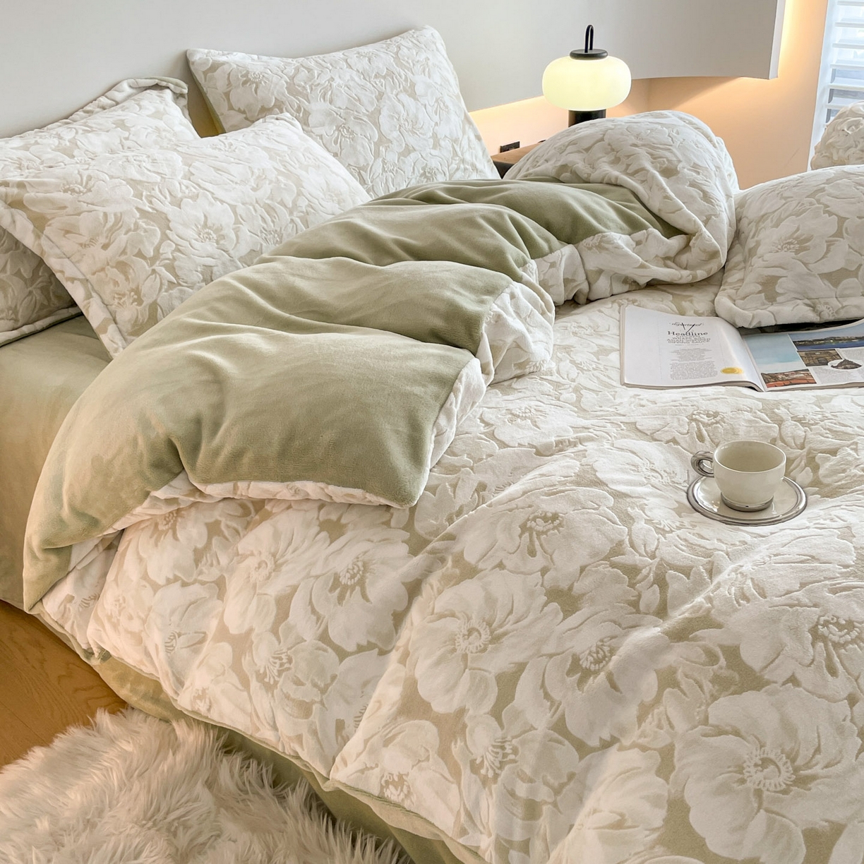 91家纺网 家纺一手货源 找家纺 梵克保罗 2025新款保暖舒适雕花绒四件套 繁花-浅绿