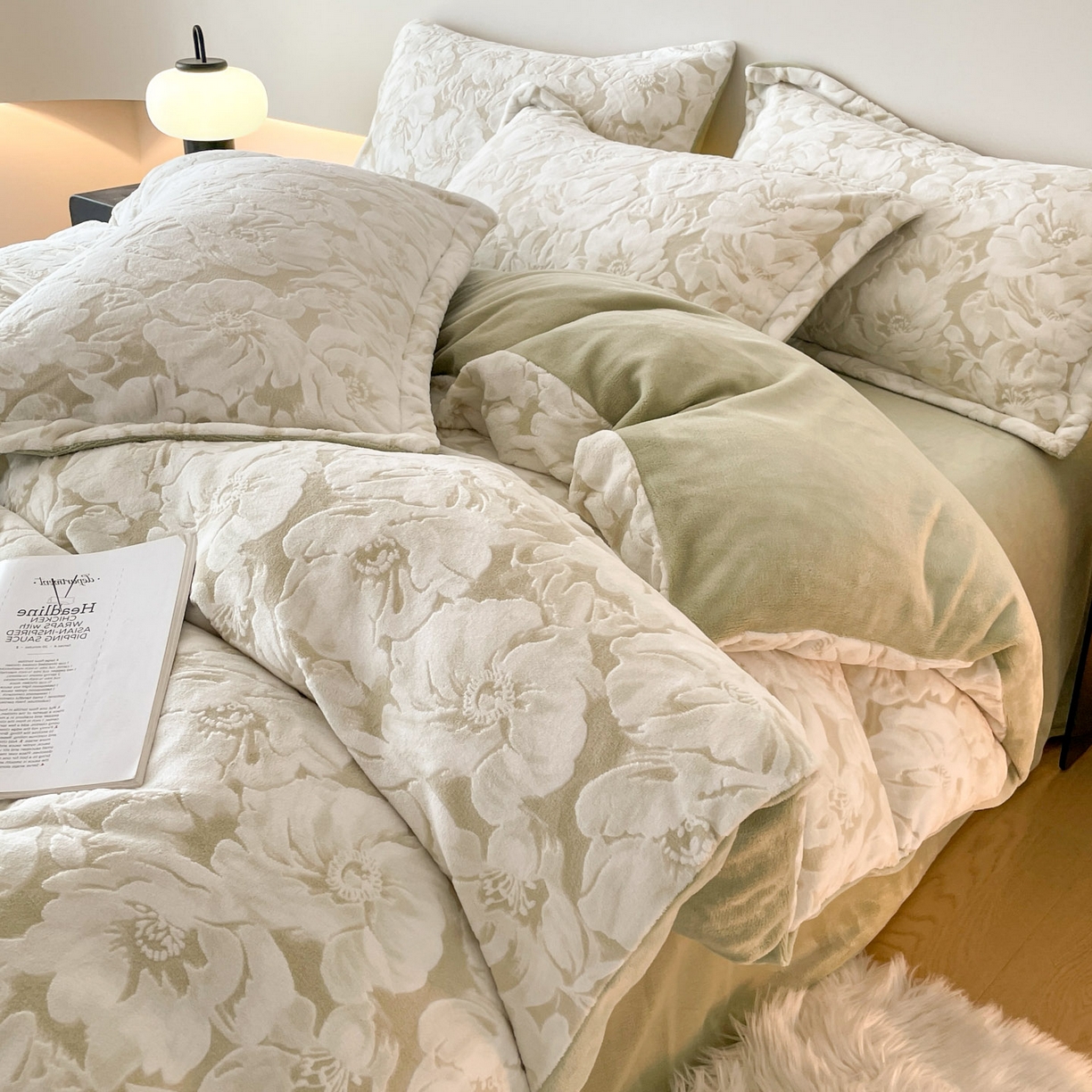 91家纺网 家纺一手货源 找家纺 梵克保罗 2025新款保暖舒适雕花绒四件套 繁花-浅绿