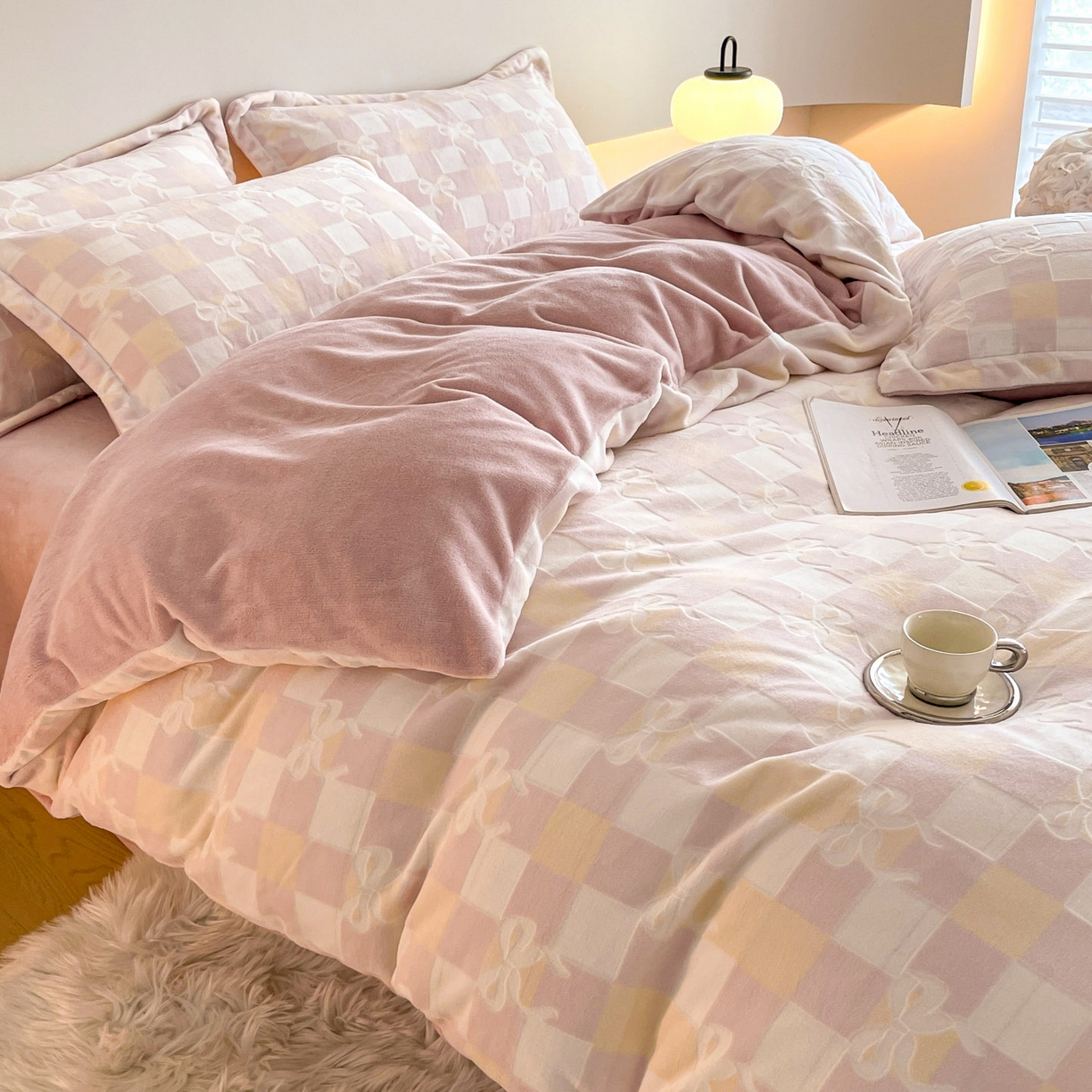 91家纺网 家纺一手货源 找家纺 梵克保罗 2025新款保暖舒适雕花绒四件套 方格蝴蝶