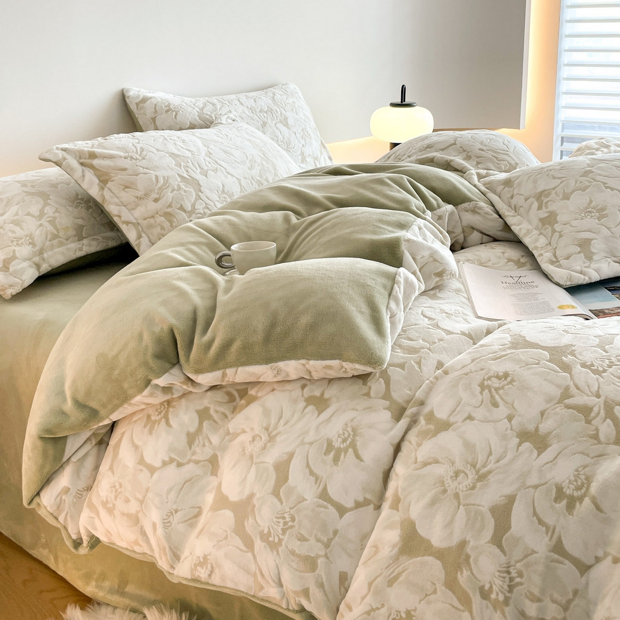 91家纺网 家纺一手货源 找家纺 梵克保罗 2025新款保暖舒适雕花绒四件套 繁花-浅绿