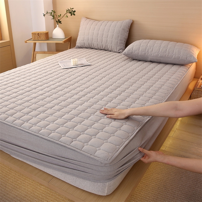 91家纺网 家纺一手货源 找家纺 梵克保罗 2025新款无印风全棉色织水洗棉夹棉床笠 千鸟格灰