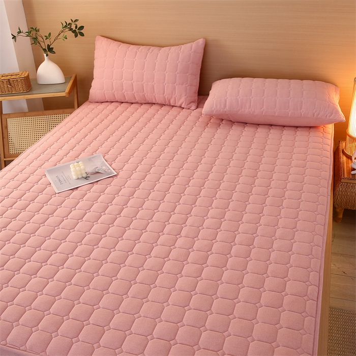 91家纺网 家纺一手货源 找家纺 梵克保罗 2025新款无印风全棉色织水洗棉夹棉床笠 千鸟格粉