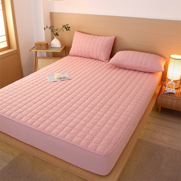 91家纺网 家纺一手货源 找家纺 梵克保罗 2025新款无印风全棉色织水洗棉夹棉床笠 千鸟格粉