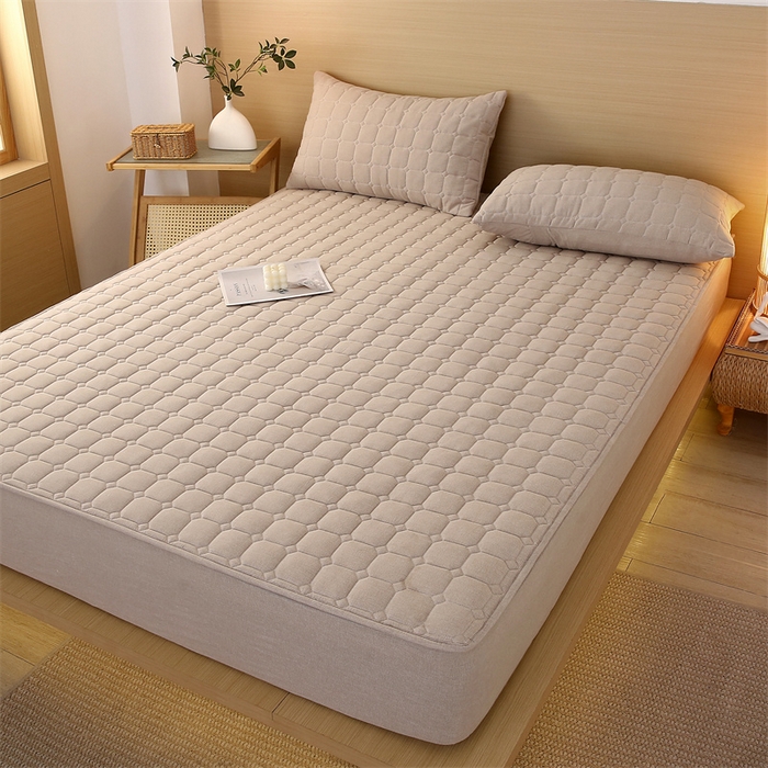 91家纺网 家纺一手货源 找家纺 梵克保罗 2025新款无印风全棉色织水洗棉夹棉床笠 千鸟格驼