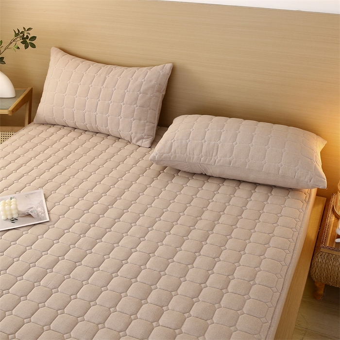 91家纺网 家纺一手货源 找家纺 梵克保罗 2025新款无印风全棉色织水洗棉夹棉床笠 千鸟格驼